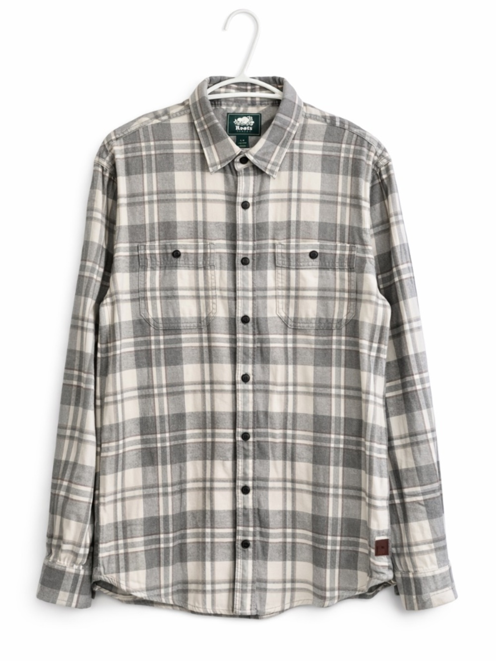 Roots Gray & Cream Plaid Flannel Button Down Shirt w Chest Pockets – Large GUC